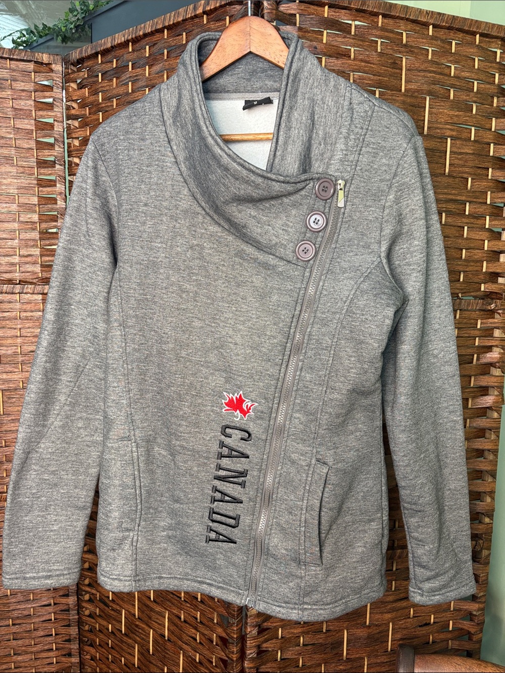 Fleece Asymmetrical Canada Embroidered Zip-Up Jacket